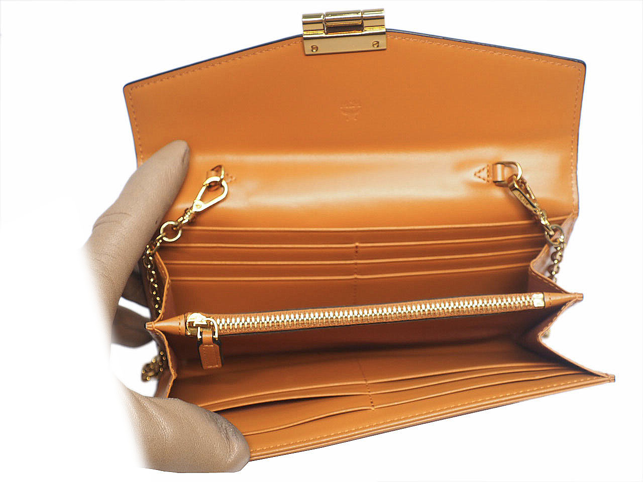 MCM Patricia Cognac Clutch Bag Wallet On The Chain CrossBody Flap Wallet - Image 8