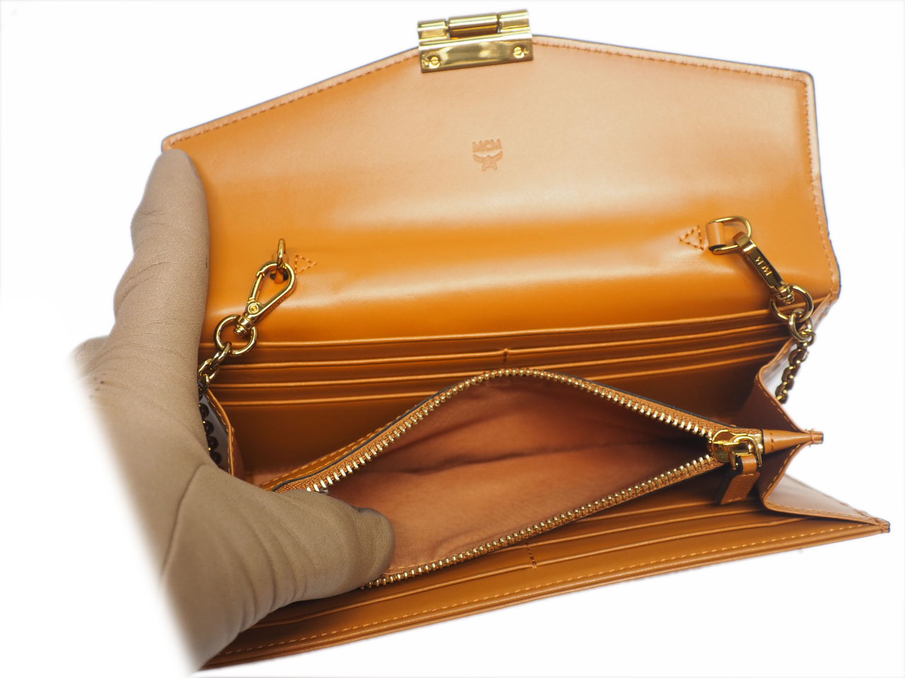 MCM Patricia Cognac Clutch Bag Wallet On The Chain CrossBody Flap Wallet - Image 10