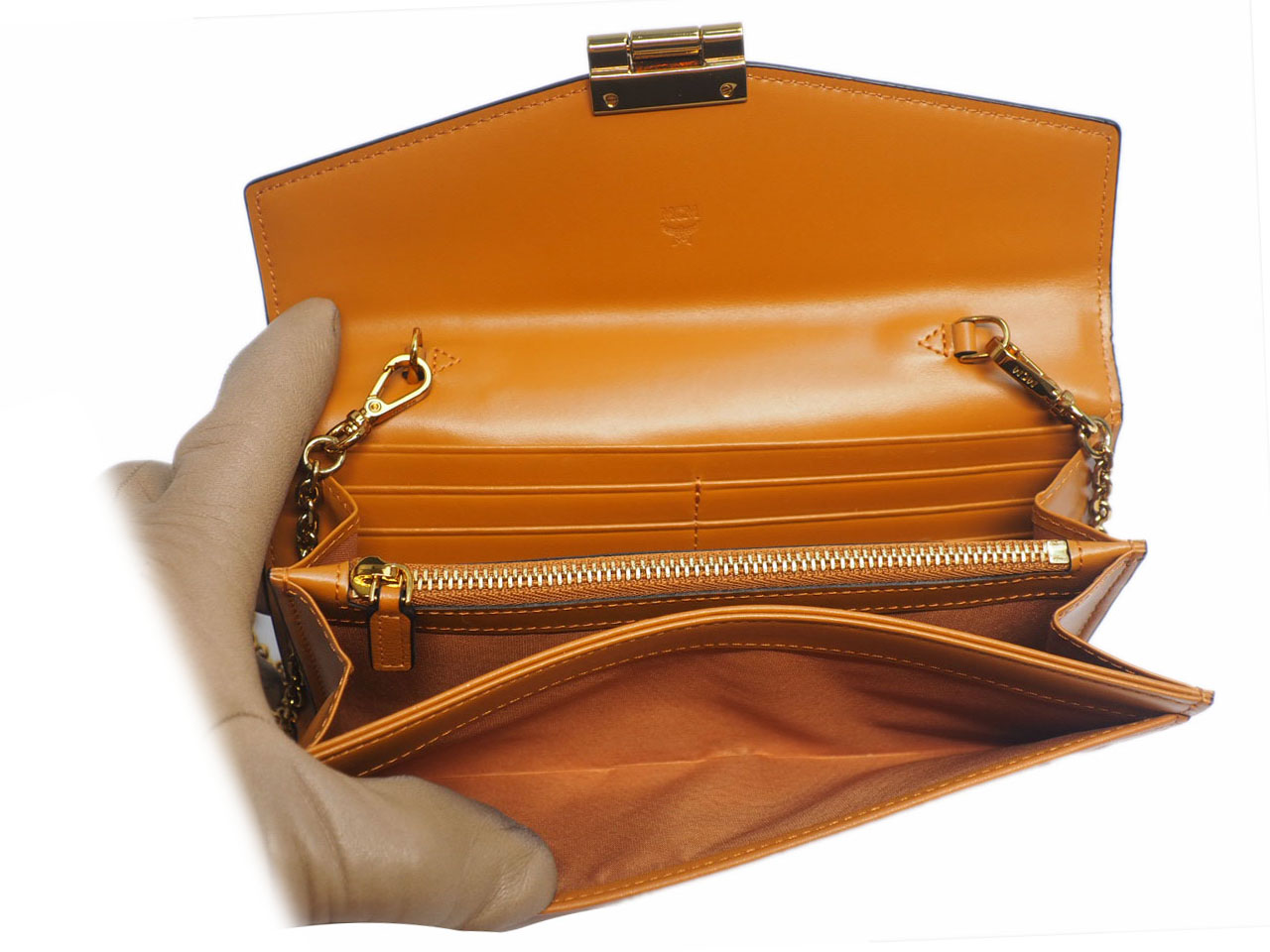 MCM Patricia Cognac Clutch Bag Wallet On The Chain CrossBody Flap Wallet - Image 11