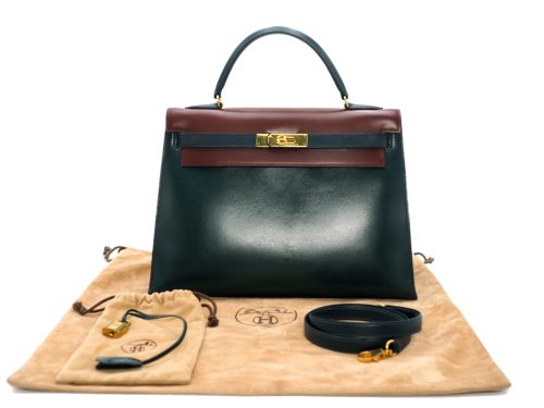 Hermes Trio-Color Kelly Sellier 32cm Box Calf Circle Q Stamp Gold Hardware