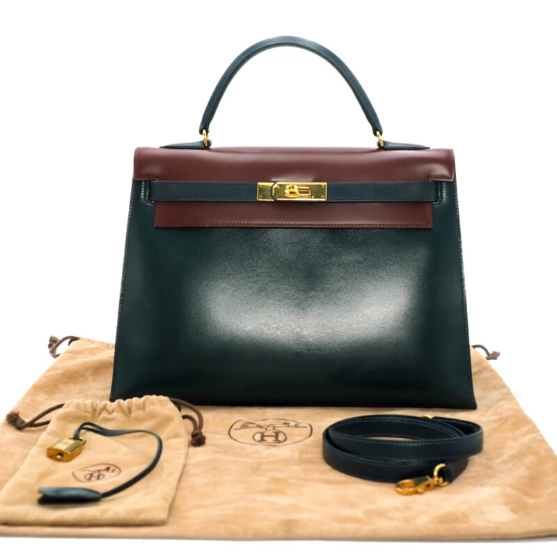 Hermes Trio-Color Kelly Sellier 32cm Box Calf Circle Q Stamp Gold Hardware