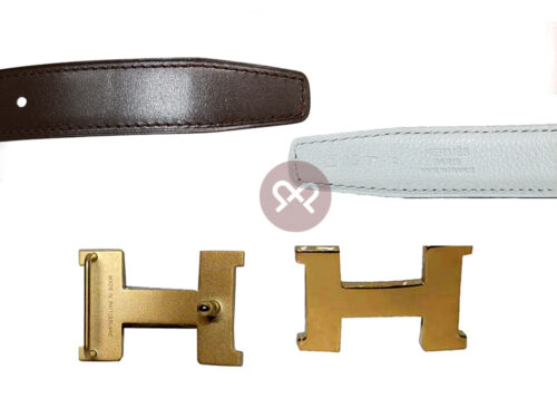 Hermes 24mm Gold Mini Constance H Buckle with Size 85cm Gris Pearl / Chocolate Reversible Leather Belt
