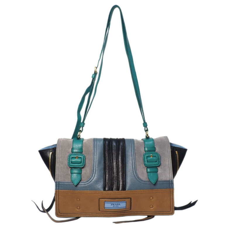 Prada 1BD081 Etiquette medium Goat /Suede Patchwork Black/ Green/ Grey 3-Way Tote Bag