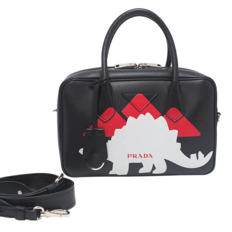 Prada 1BB049 Black/ Rosso Soft City Calf Mirage Top Handle with Dinosaur Print Tote With Strap