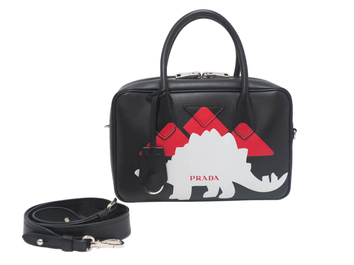 Prada 1BB049 Black/ Rosso Soft City Calf Mirage Top Handle with Dinosaur Print Tote With Strap