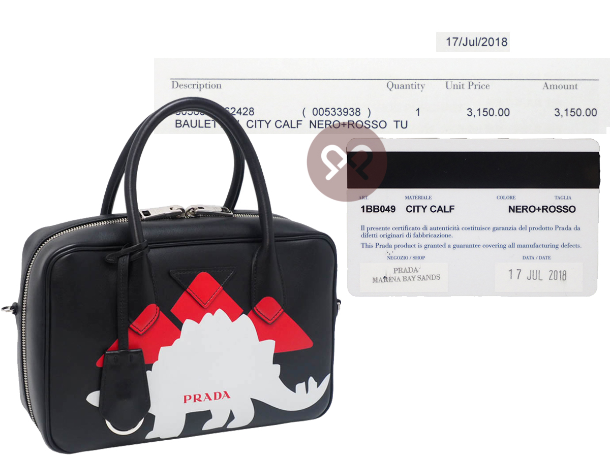 Prada 1BB049 Black/ Rosso Soft City Calf Mirage Top Handle with Dinosaur Print Tote With Strap - Image 2