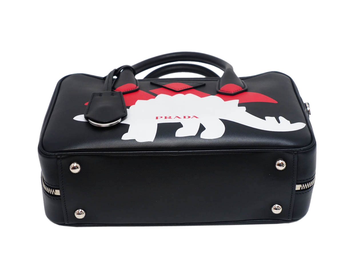 Prada 1BB049 Black/ Rosso Soft City Calf Mirage Top Handle with Dinosaur Print Tote With Strap - Image 6