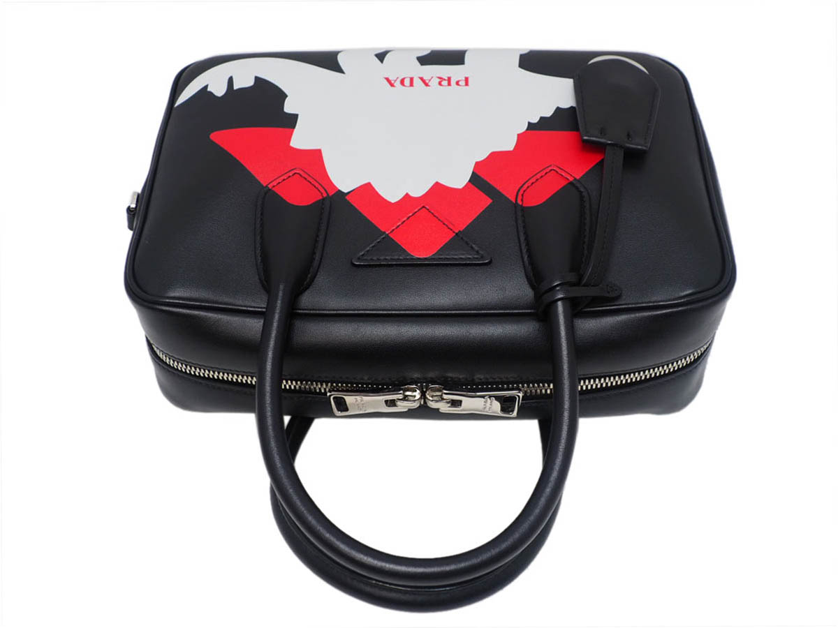 Prada 1BB049 Black/ Rosso Soft City Calf Mirage Top Handle with Dinosaur Print Tote With Strap - Image 8