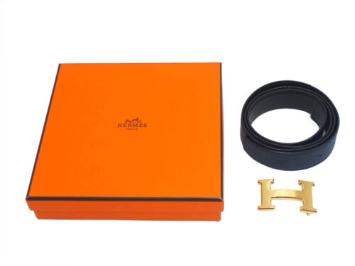Hermes Brushed Permabrass H Gold Buckle with 90cm Indigi Blue Epsom/ Black Calf 32mm Belt