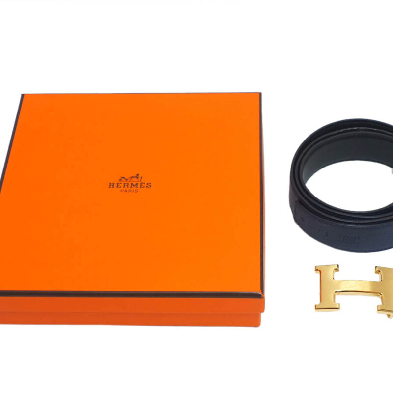 Hermes Brushed Permabrass H Gold Buckle with 90cm Indigi Blue Epsom/ Black Calf 32mm Belt