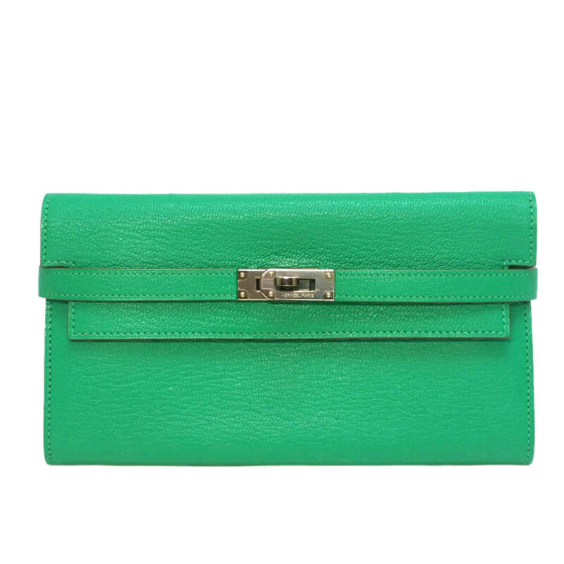 Hermes Bamboo/ Jade Green Mysore Leather Portefeuille R Stamp Kelly Wallet Palladium Hardware