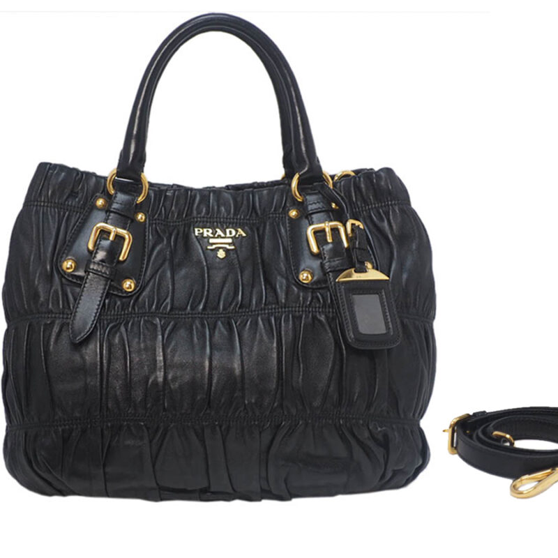 Prada BN1789 Black Nappa Gaufre Leather Tote Large w Strap