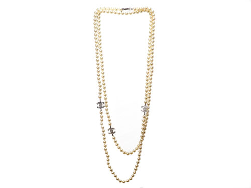 Chanel 10V A29394Y Silver Double CC Classic Pearls Long Necklace / Belt- 90cm