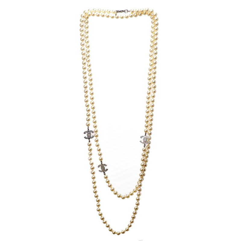 Chanel 10V A29394Y Silver Double CC Classic Pearls Long Necklace / Belt- 90cm