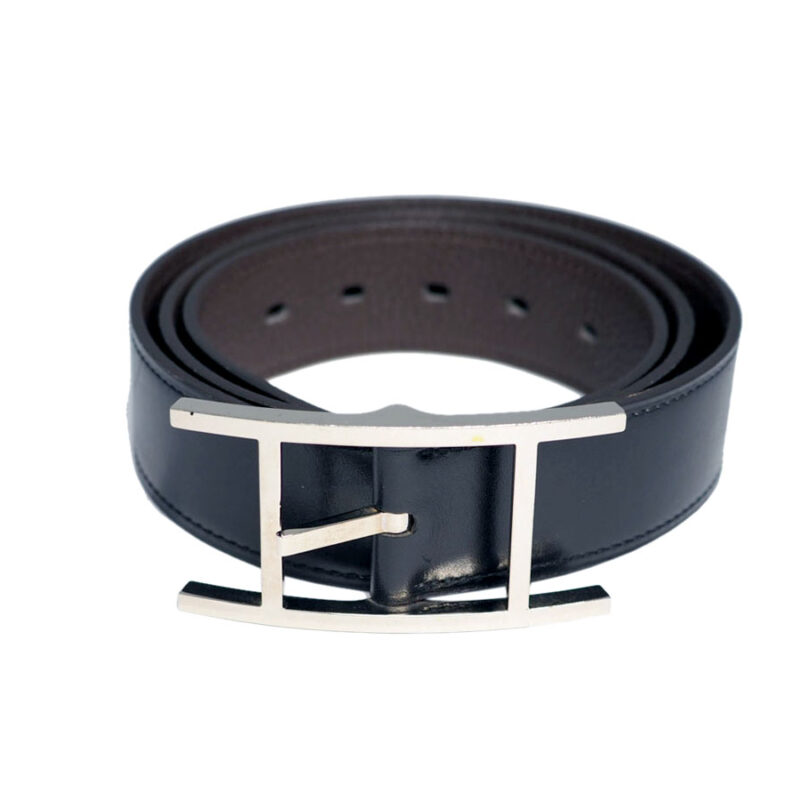 Hermes Stamp Q 85cm Quentin Reversible Belt Black/ Ebene Silver Buckle