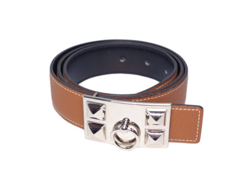 Hermes 85cm Stamp P 32mm Gold/ Black Reversible Belt - CDC Collier de Chien, Buckle Palladium Hardware