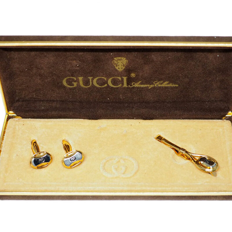 Gucci Vintage Interlocking Gs Gold/ Silver Cufflink Tie Clip Set Accessories