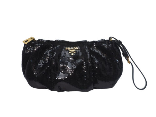 Prada 1N1584 Black Nappa Leather/ Sequins Wristlet/  Wrist Pouch