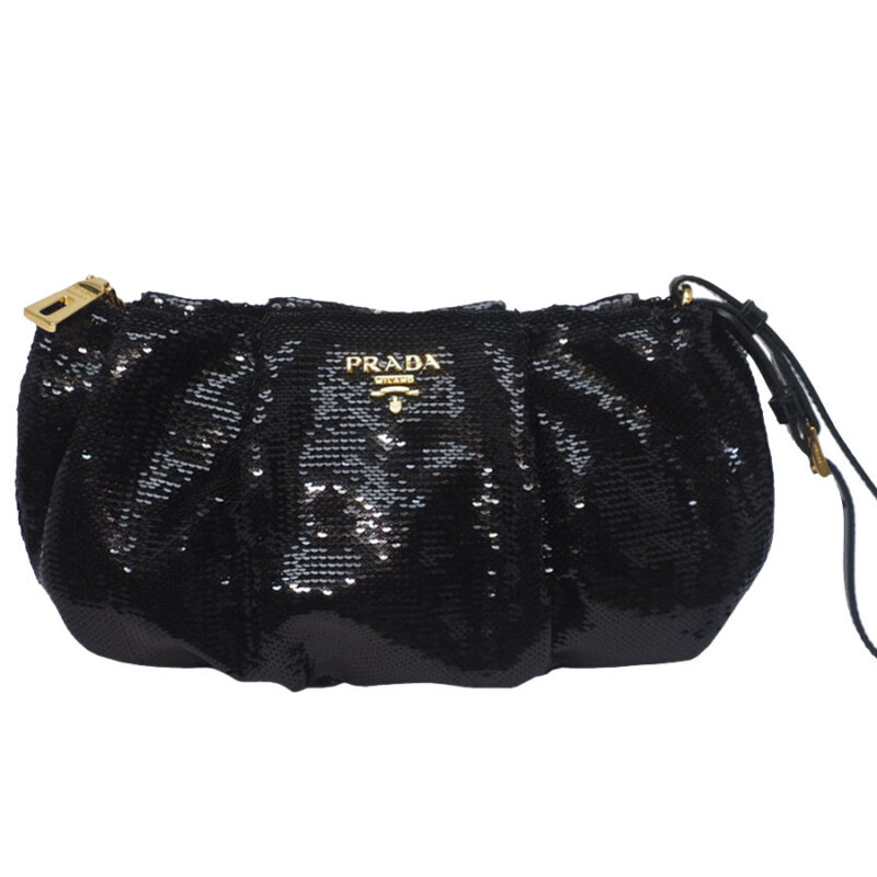 Prada 1N1584 Black Nappa Leather/ Sequins Wristlet/  Wrist Pouch