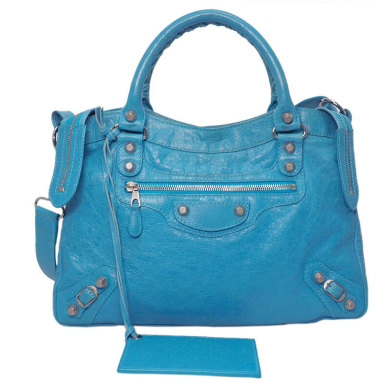 Balenciaga 240578 Town Coral Blue Giant 12 Silver Hardware 2-Way Bag
