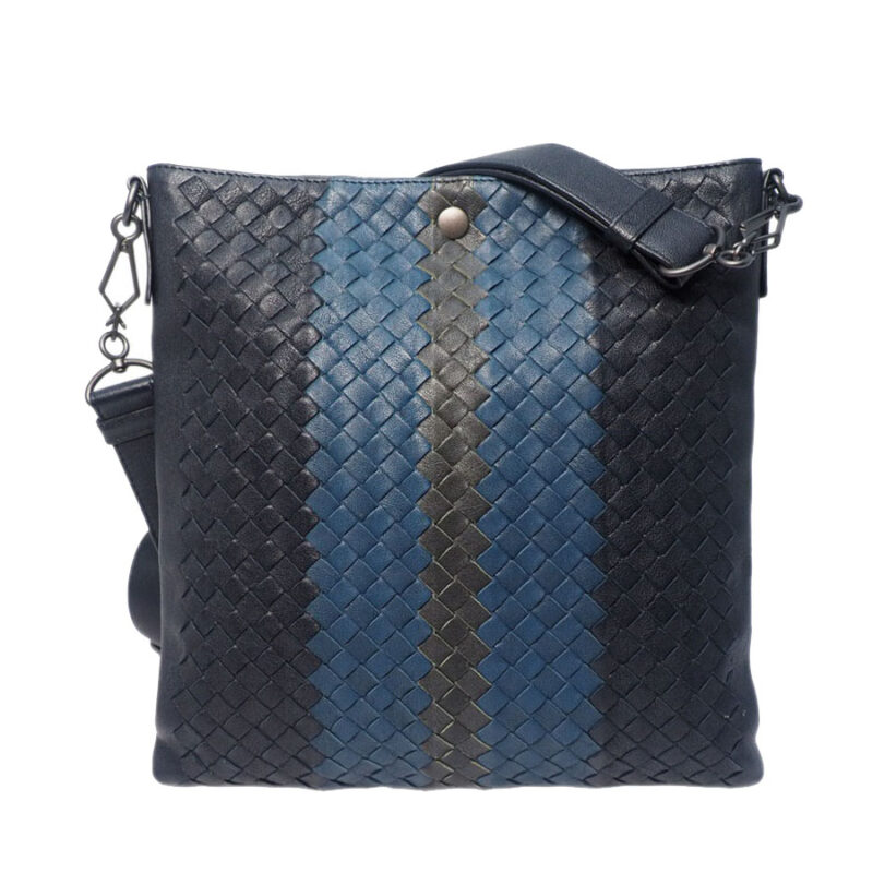Bottega Veneta Limited Blue/ Grey/ Black Strips Nappa Intrecciato Open-Top Messenger Bag- B06480728Y