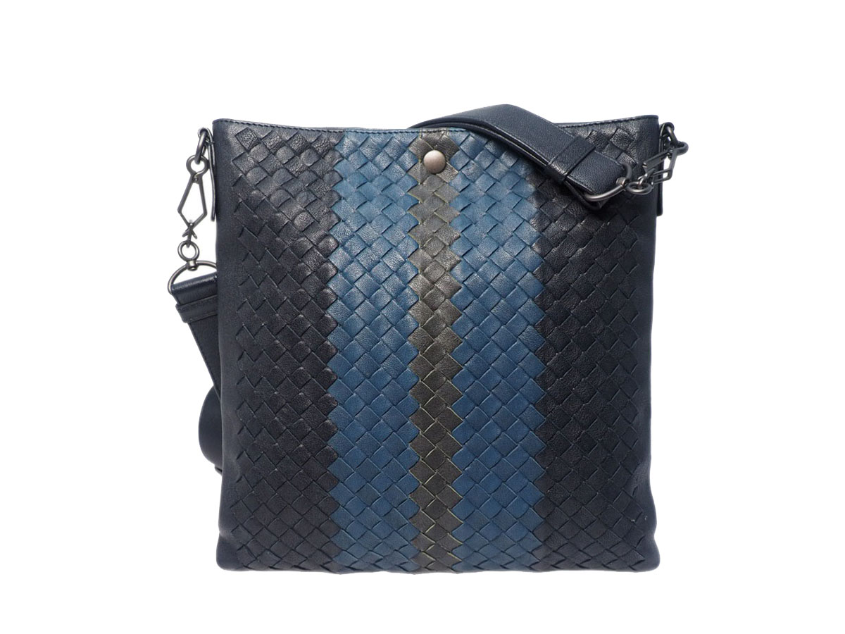Bottega Veneta Limited Blue/ Grey/ Black Strips Nappa Intrecciato Open-Top Messenger Bag- B06480728Y