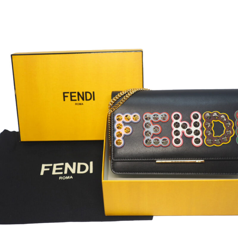 Fendi 8M0346 "Fun Fair" Black Calf Leather Logo Multifunction Wallet on Chain in Multicolour Studded