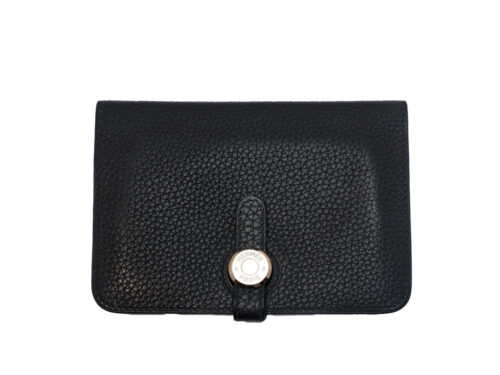 Hermès Black Veau Togo Leather Dogon Comapct Wallet Palladium Hardware K Stamp