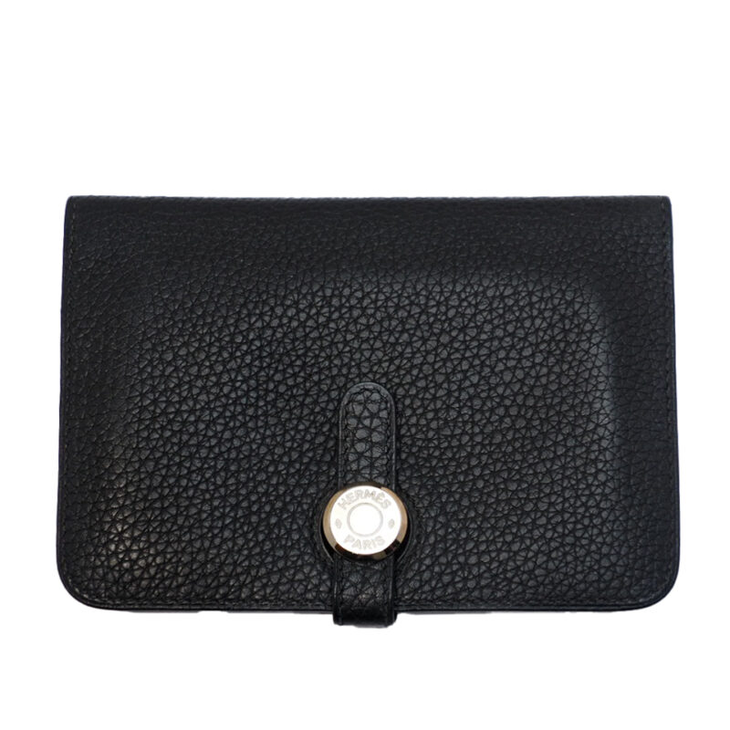 Hermès Black Veau Togo Leather Dogon Comapct Wallet Palladium Hardware K Stamp