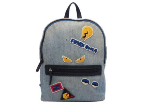 Fendi 8BZ025 Denim Blue Monster Roma Patchworks Small Backpack (32cm)