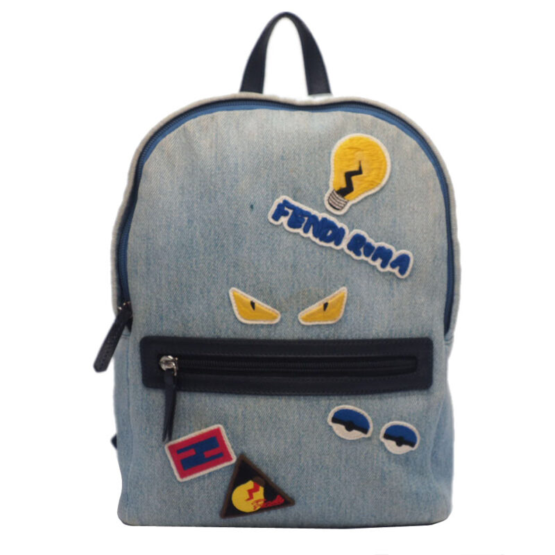 Fendi 8BZ025 Denim Blue Monster Roma Patchworks Small Backpack (32cm)