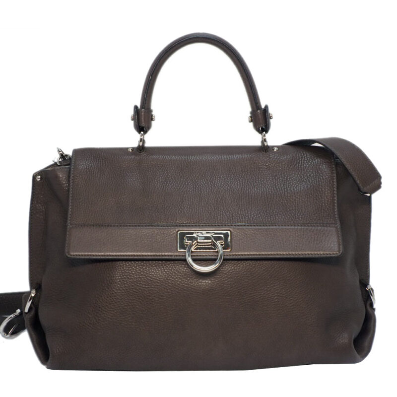 Ferragamo FZ-21 A871 Deep Taupe Calfskin Sofia Large Flap Top Handle Shoulder Bag