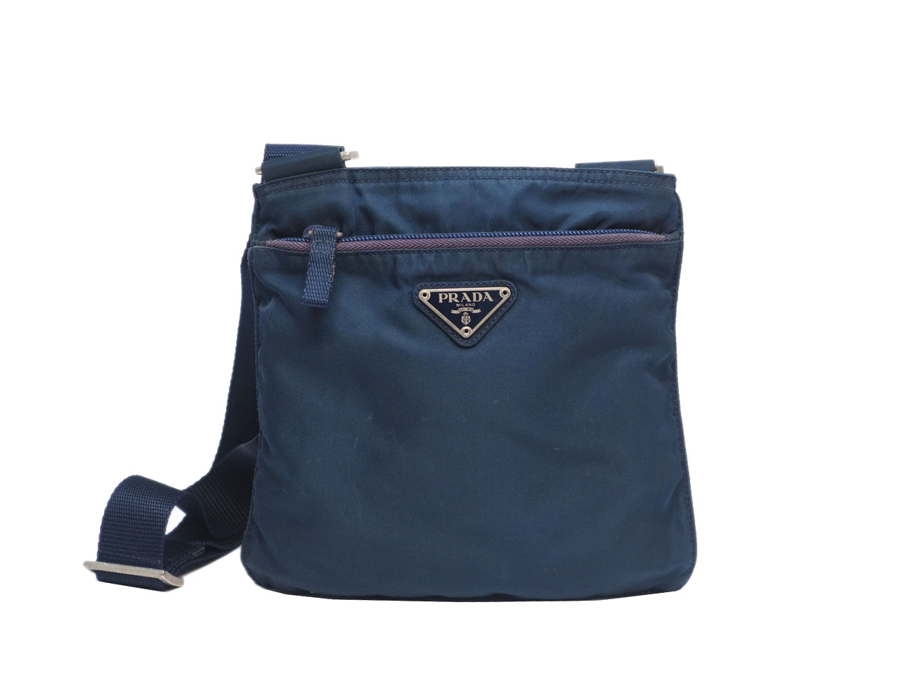 Prada B7372 Logo Unisex Baltico Blue Vela Tessuto Flat Messenger Bag