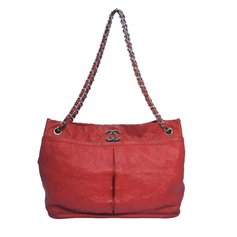 Chanel 14310893 Red Distressed Calf  Leather Timeless Shopping Tote Silver Hardware