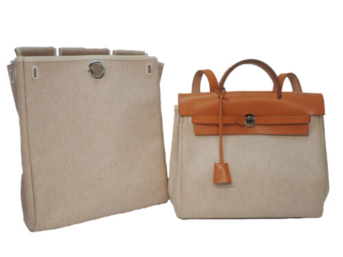 Hermes Herbag 31 Beige/ Natural Calf B Stamp 3-in-1 Sand Canvas Backpack/ Tote/ Shoulder Bag with Palladium Hardware