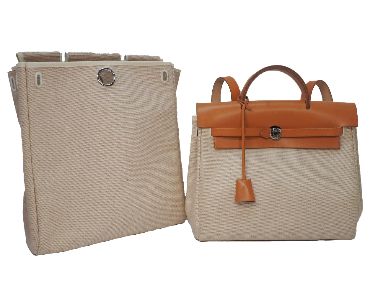 Hermes Herbag 31 Beige/ Natural Calf B Stamp 3-in-1 Sand Canvas Backpack/ Tote/ Shoulder Bag with Palladium Hardware
