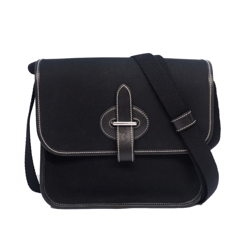 HERMES Buenaventura Mini black Toile Officer x Leather Cross Body/ Messenger Bag