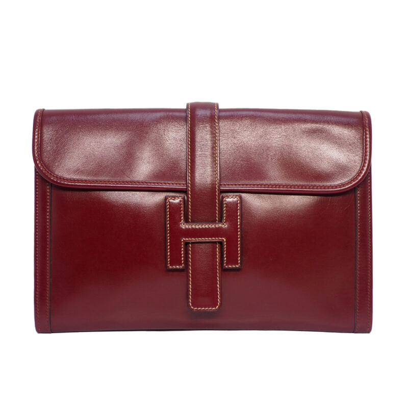 Hermes Vintage Bordeaux Box Calf Leather T Circle Stamp Jige Clutch 29cm