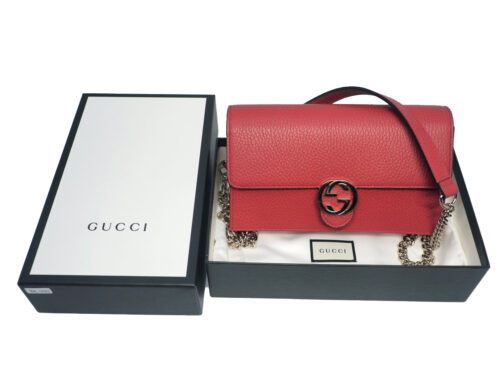 Gucci 510314 Red Calf Leather Interlocking G wallet on chain