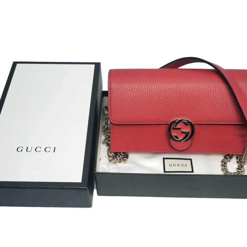Gucci 510314 Red Calf Leather Interlocking G wallet on chain