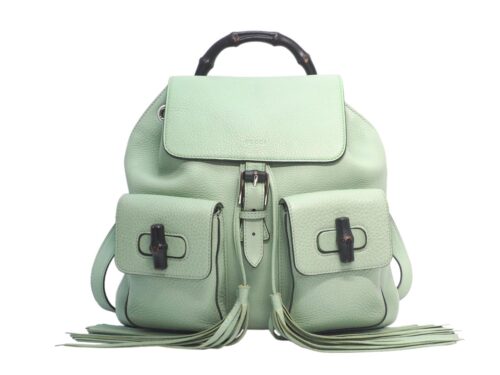 Gucci 370833 Lime Green Leather Bamboo Rucksack Large Backpack