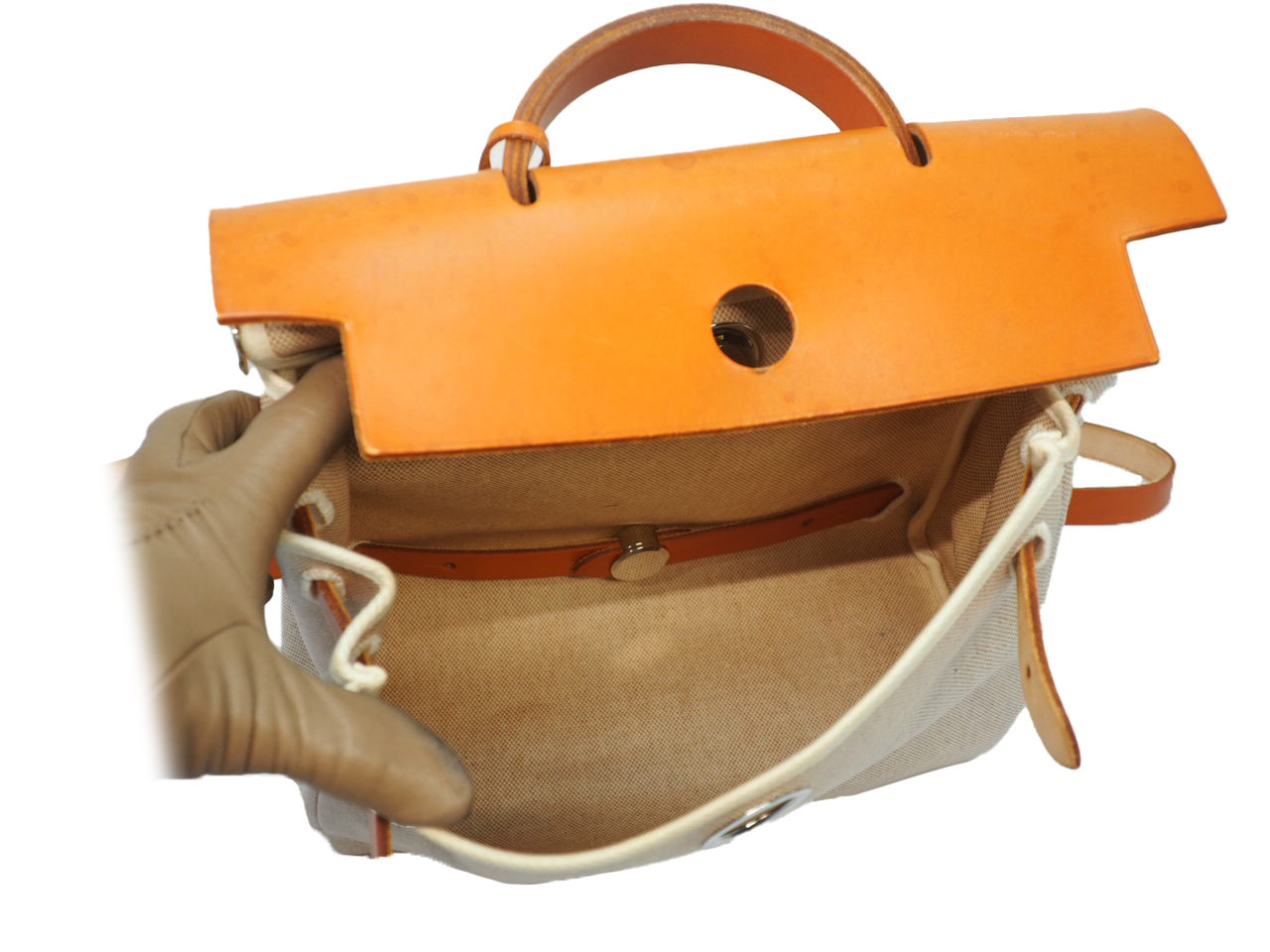 Hermes Herbag 31 Beige/ Natural Calf B Stamp 3-in-1 Sand Canvas Backpack/ Tote/ Shoulder Bag with Palladium Hardware - Image 11