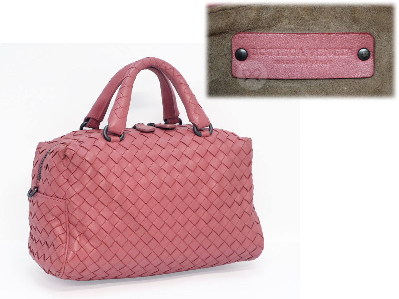 Bottega Veneta 428051 Antique Rose/ Pink Convertible 2-Way Intrecciato Mini Boston Bag with Strap - Image 2