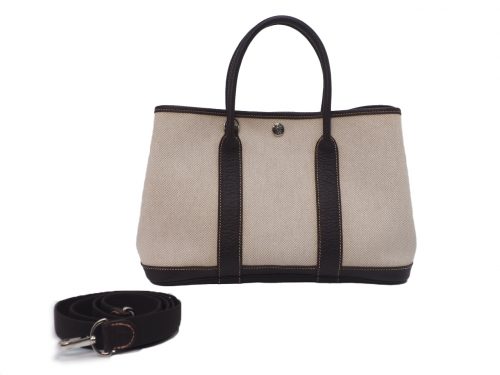 Hermes Beige/ Dark Brown Canvas Garden Party TPM 30cm with Strap