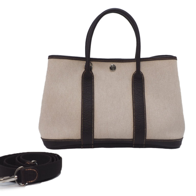 Hermes Beige/ Dark Brown Canvas Garden Party TPM 30cm with Strap