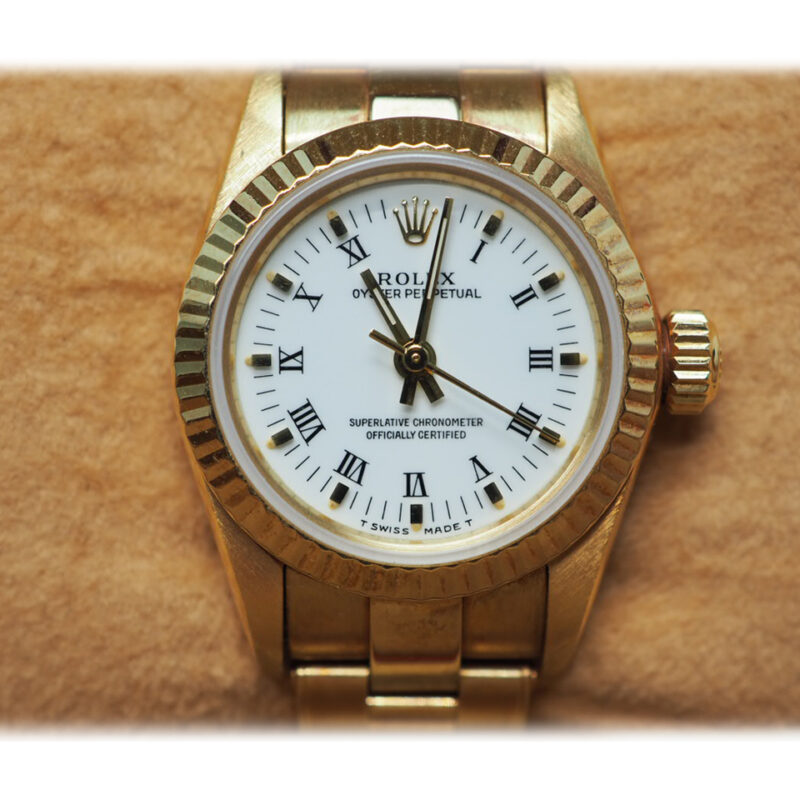 Rolex 67198 Oyster Perpetual 18K Solid Gold Lady 26mm Roman Digit/ White Dial Watch