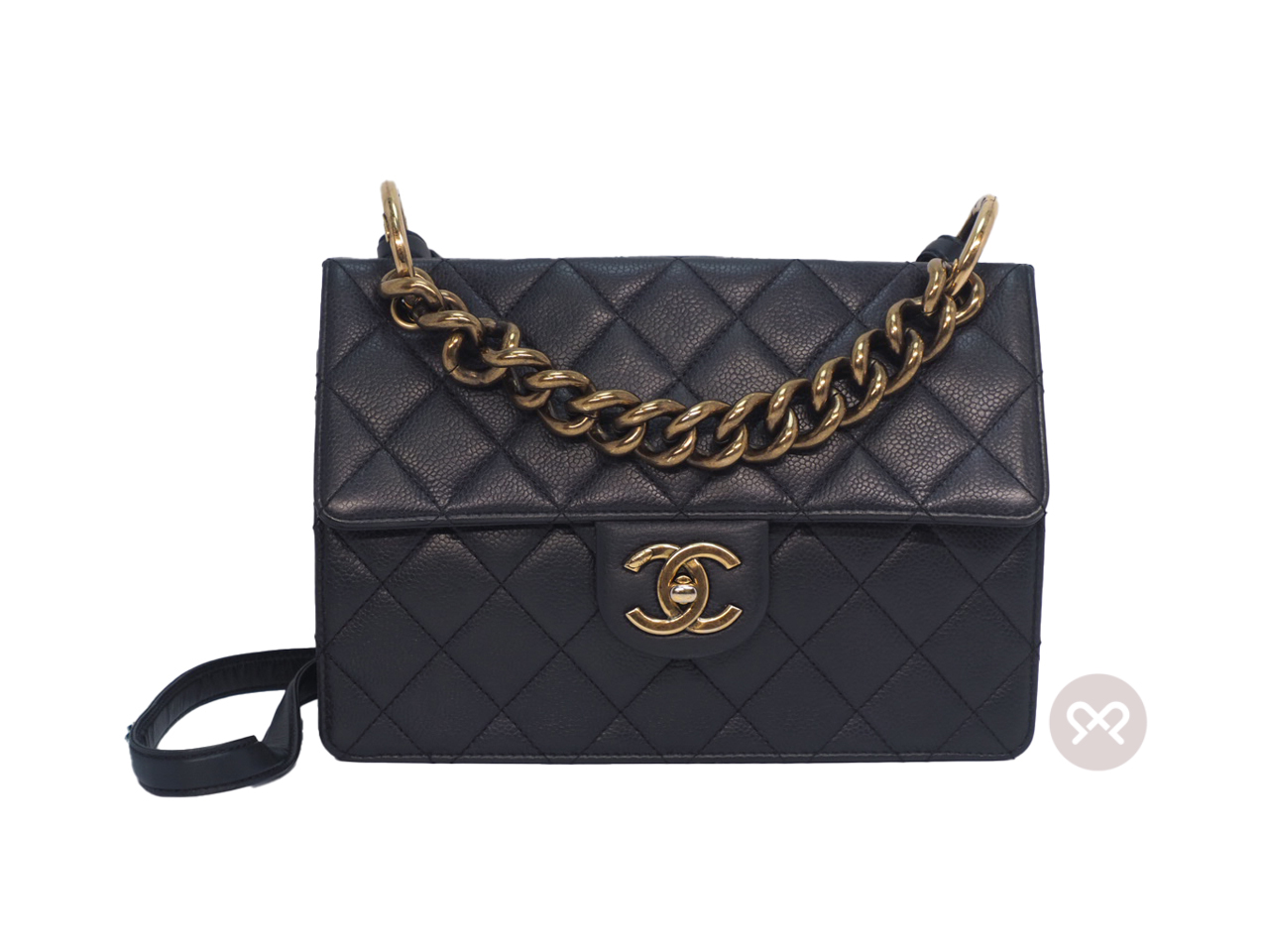 Season Collection ! Chanel 18685887 Dark Grey Caviar Chunky Chain Flap Bag in Brass Gold Hardware