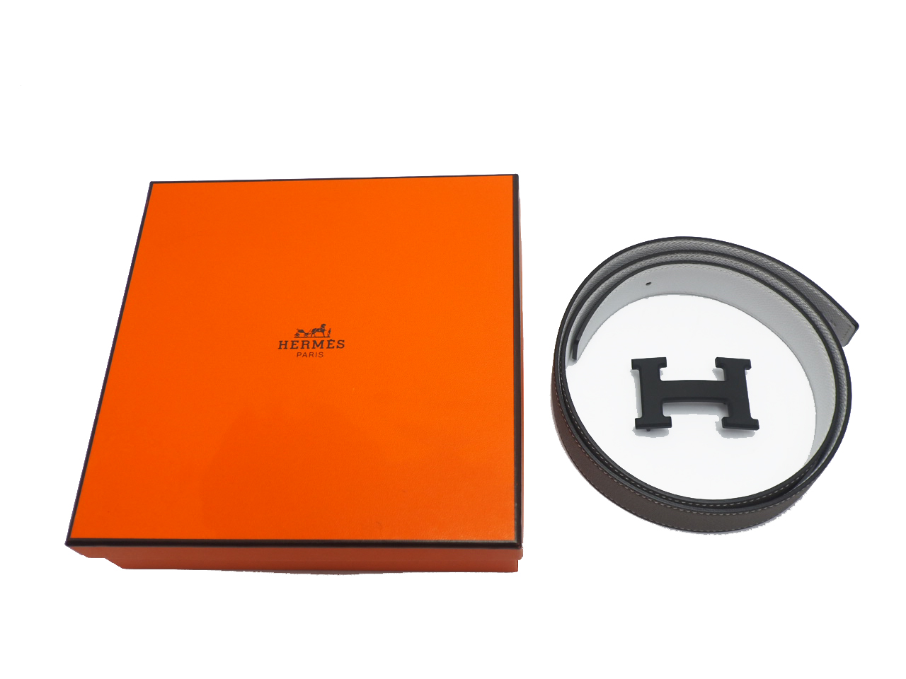 Hermes 32mm Mat Black H Buckle with Etoupe/ White Reversible Belt 85cm - Image 2