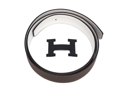 Hermes 32mm Mat Black H Buckle with Etoupe/ White Reversible Belt 85cm