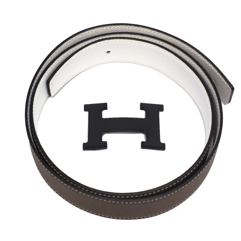 Hermes 32mm Mat Black H Buckle with Etoupe/ White Reversible Belt 85cm